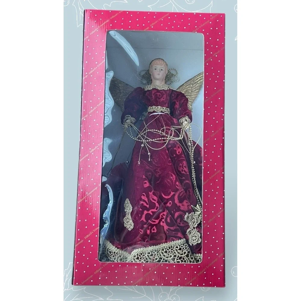 Victorian Angel Christmas Tree Topper Vintage Gold Wings Red Gown NIB